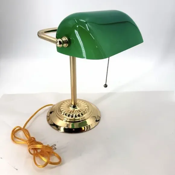 Vintage Banker's Desk Piano Lamp Green Glass Shade Pull Chain Gold Metal Base - Picture 1 of 13